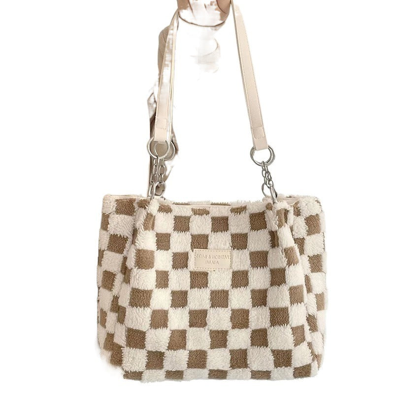 Large Capacity Plush Bag Women's New Plaid Shoulder