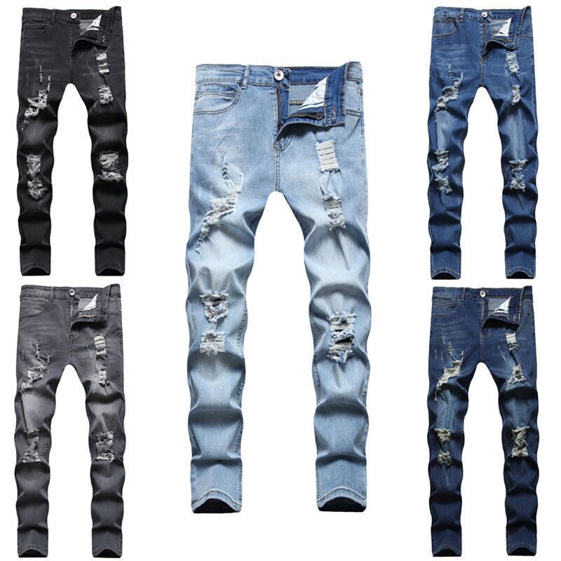 New Men's Ripped Matte White Slim-fit Denim Trousers Fashion