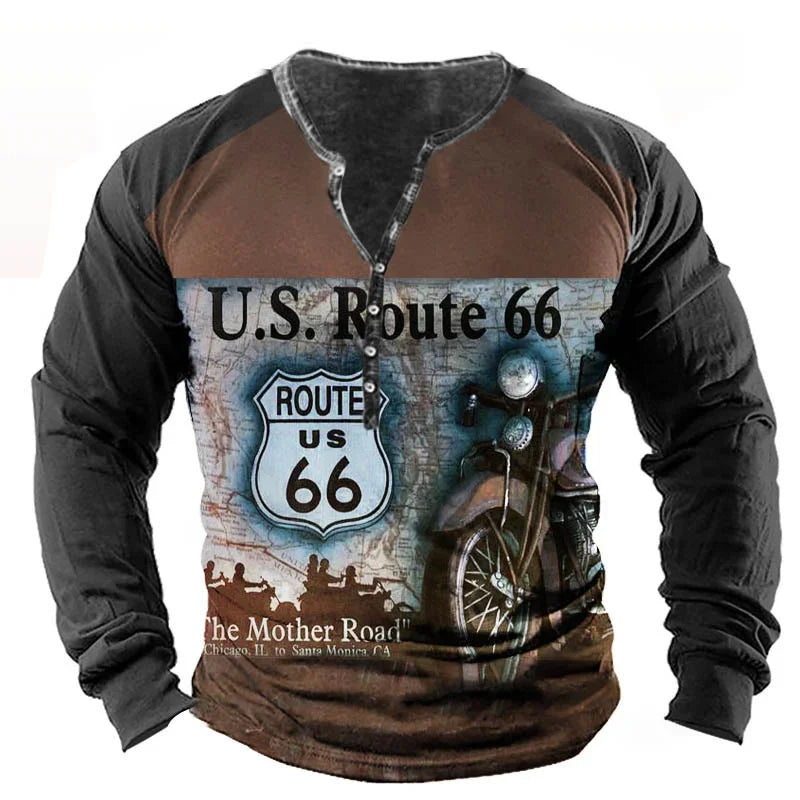 Vintage Men's T Shirt Long Sleeve Top Street Tees Usa Route 66 Letter Graphic 3d Print T-Shirt Fall Oversized Loose Clothing 5xl