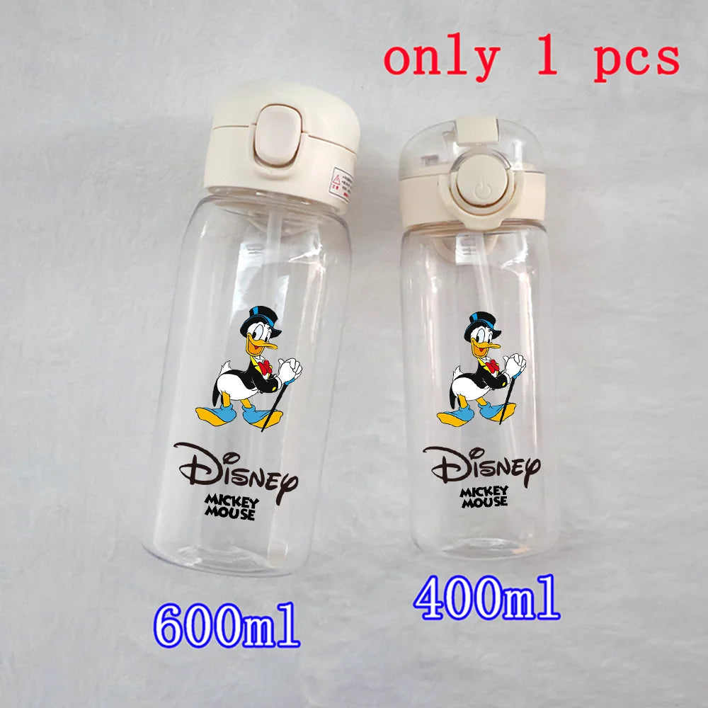 400-600ML Disney Mickey Mouse Straw Plastic Water Bottle Large Capacity Portable Transparent Kids Drinking Water Cup Donald Duck