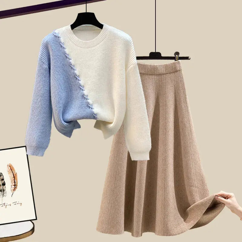 Plus Size Sweater Skirt Set Women O-neck Patchwork Pullover Sweaters + Elastic Waist A-line Midi Skirts Elegant Knitted Suit