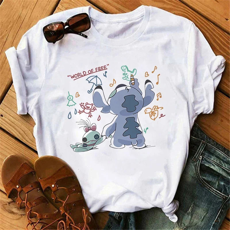 Kawaii stitch T Shirt Women Summer Tops Cartoon Heart Graphic Tees Cute Anime T-shirt Female Tshirt  Clothes