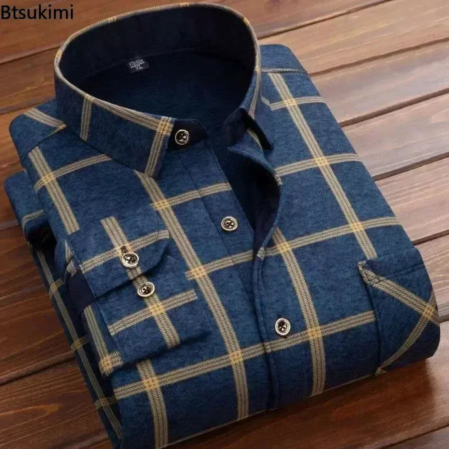 2024 Men's Autumn Winter Casual Long Sleeve Plaid Shirt Thick Warm Men's Casual High Quality Soft Large Size Warm Shirt Tops 4XL