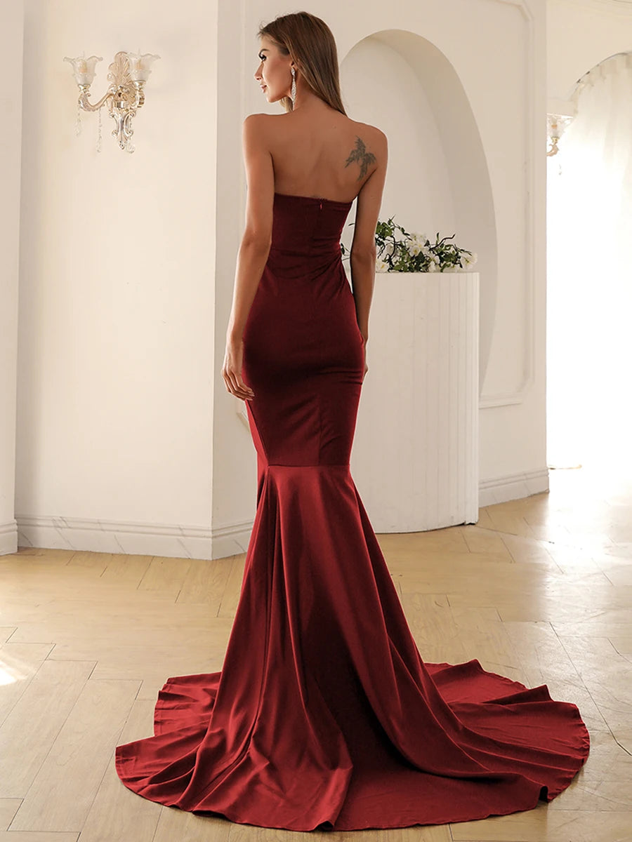 Missord Elegant Wine Mermaid Evening Dress Women Strapless Front Split Bodycon Maxi Wedding Party Dresses Long Prom Gown