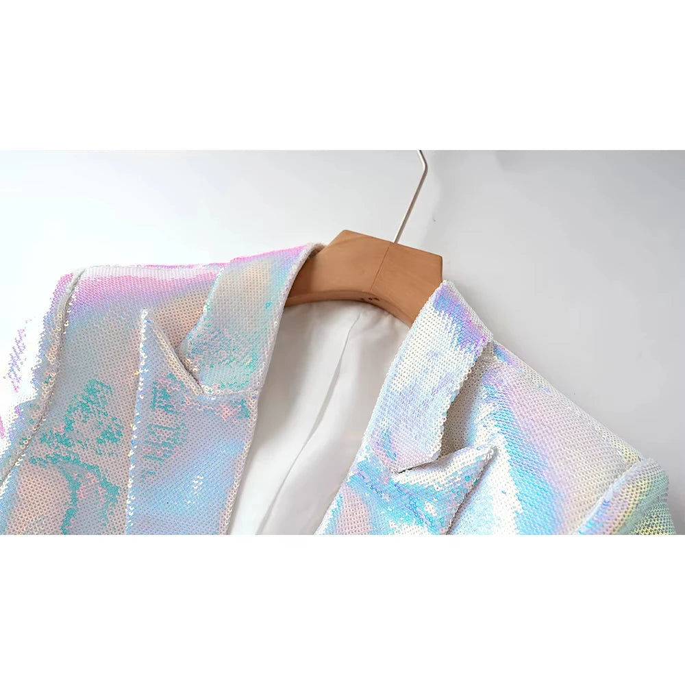 Party Evening Design Shining Bling 2PCS White Blazer Shorts Suits Euopean American Style Sequins Twin Sets High Quality