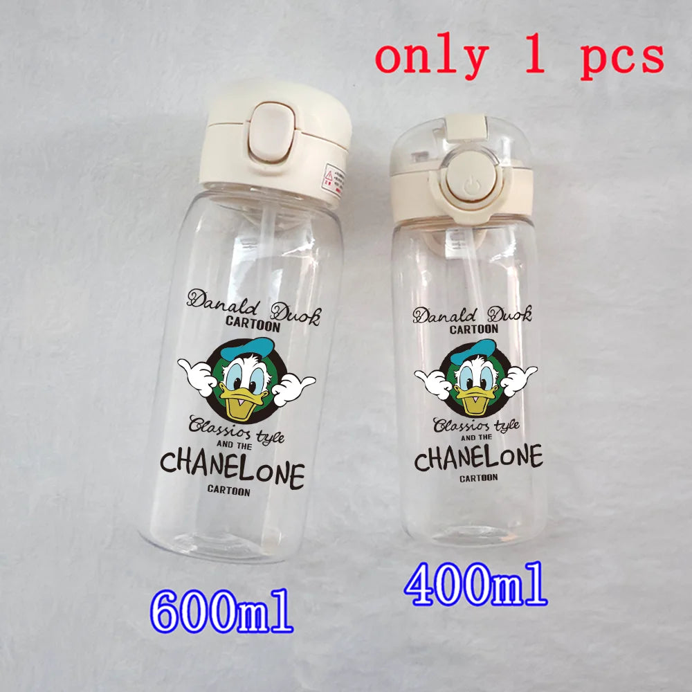 400-600ML Disney Mickey Mouse Straw Plastic Water Bottle Large Capacity Portable Transparent Kids Drinking Water Cup Donald Duck