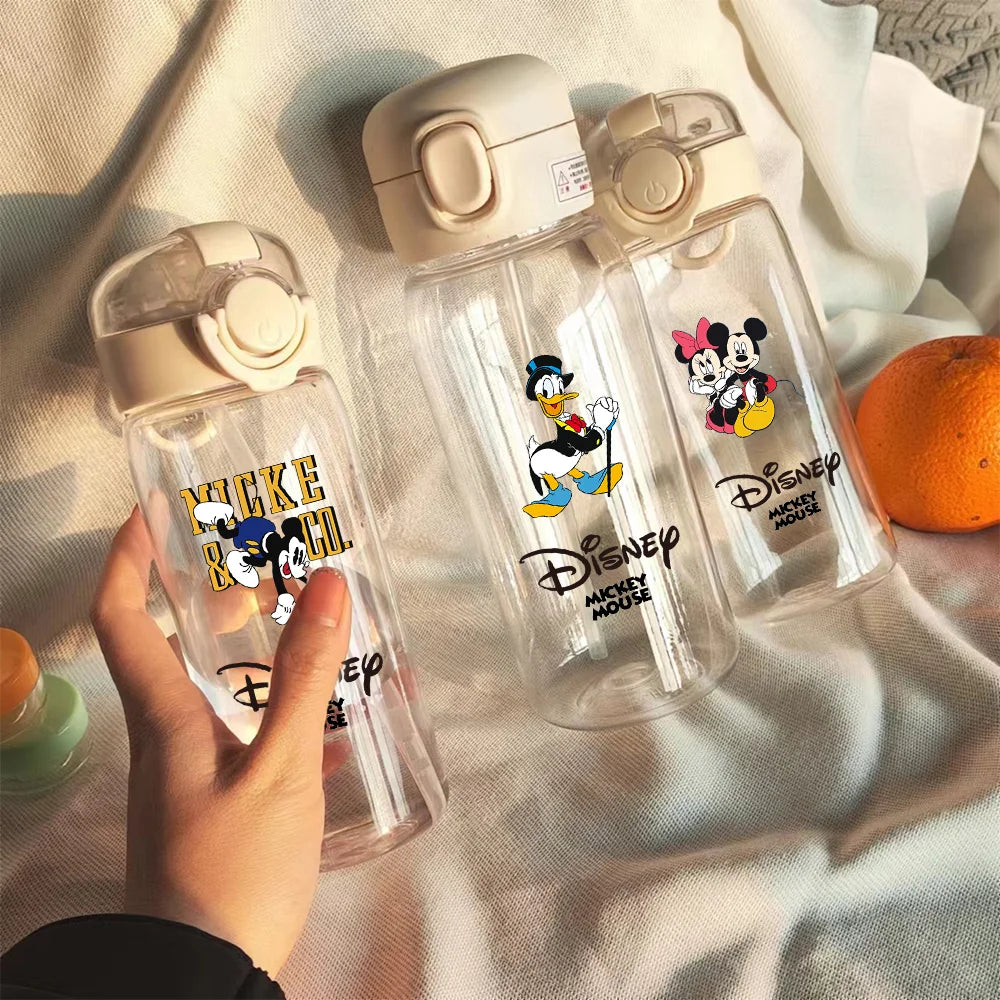 400-600ML Disney Mickey Mouse Straw Plastic Water Bottle Large Capacity Portable Transparent Kids Drinking Water Cup Donald Duck