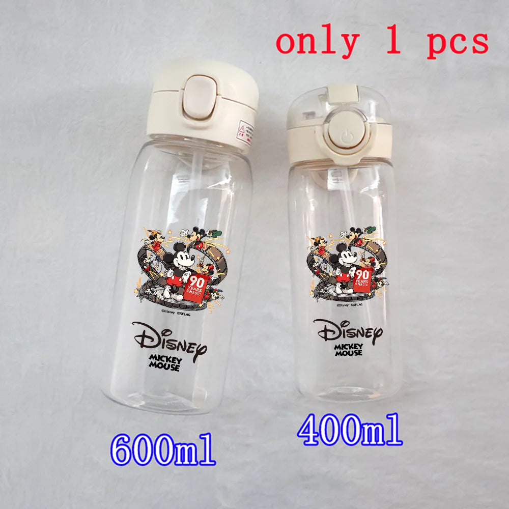 400-600ML Disney Mickey Mouse Straw Plastic Water Bottle Large Capacity Portable Transparent Kids Drinking Water Cup Donald Duck