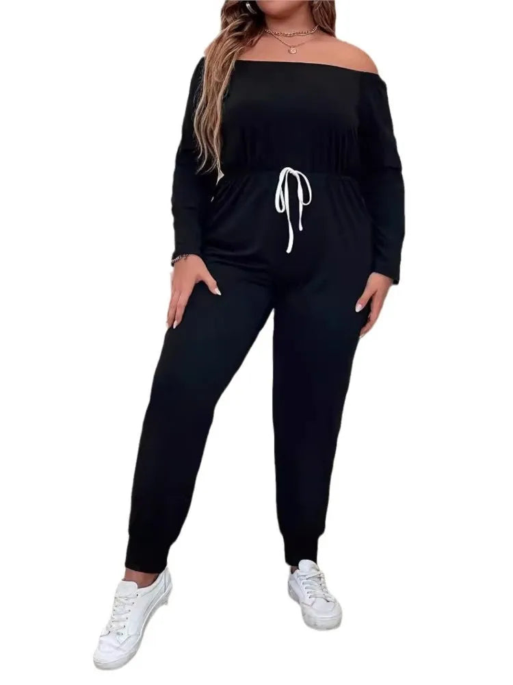 Plus Size Summer Elastic High Waist Jumpsuit Women Off Shoulder Fashion Casual Ladies Jumpsuits Loose Long Sleeve Woman Jumpsuit