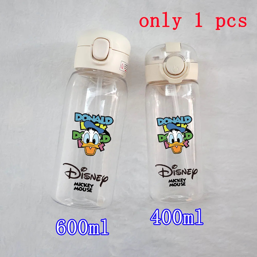 400-600ML Disney Mickey Mouse Straw Plastic Water Bottle Large Capacity Portable Transparent Kids Drinking Water Cup Donald Duck