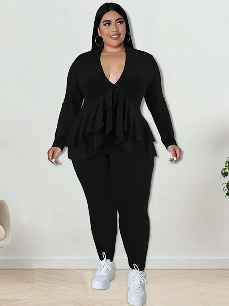 Plus Size Women Clothing Chic and Elegant Pants Suit Set Two Piece Sets Coat Ruffle Blazer Sets Wholesale Bulk Dropshipping