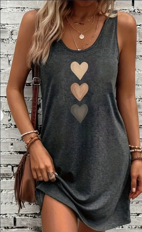 Vibrant Heart Print Crew Neck Tank Dress - Soft, Breathable, Sleeveless Design For Spring & Summer - Women's Casual Clothing For Everyday Wear