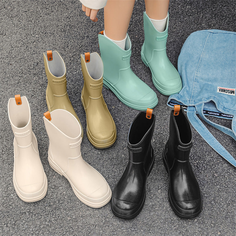 Fashionable All-match Women's Mid-calf Contrast Color Waterproof Shoes Rubber Boots