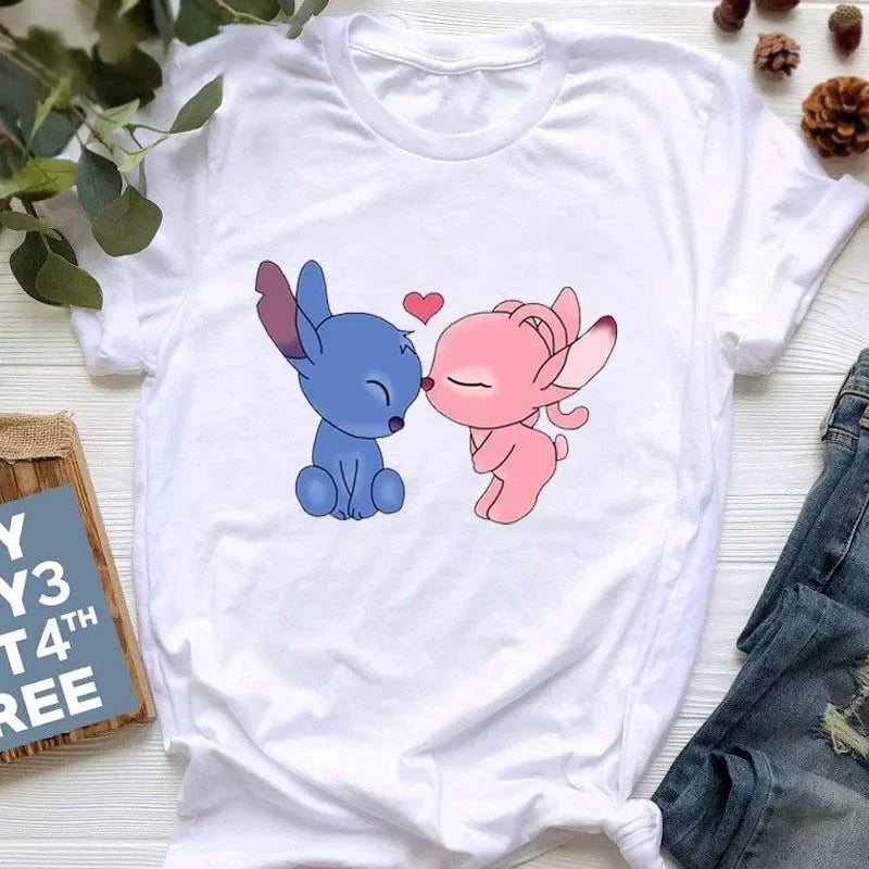 Kawaii stitch T Shirt Women Summer Tops Cartoon Heart Graphic Tees Cute Anime T-shirt Female Tshirt  Clothes