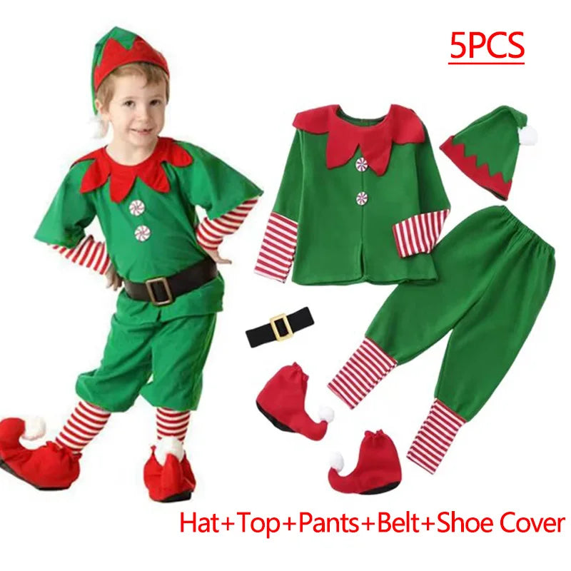 New Year Kids Santa Claus Costume Green Elf Cosplay Christmas Carnival Party Fancy Dress for Girls Boys Red Xmas Clothes Set