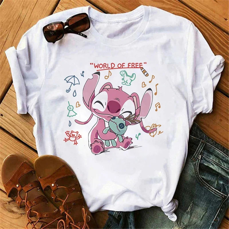 Kawaii stitch T Shirt Women Summer Tops Cartoon Heart Graphic Tees Cute Anime T-shirt Female Tshirt  Clothes