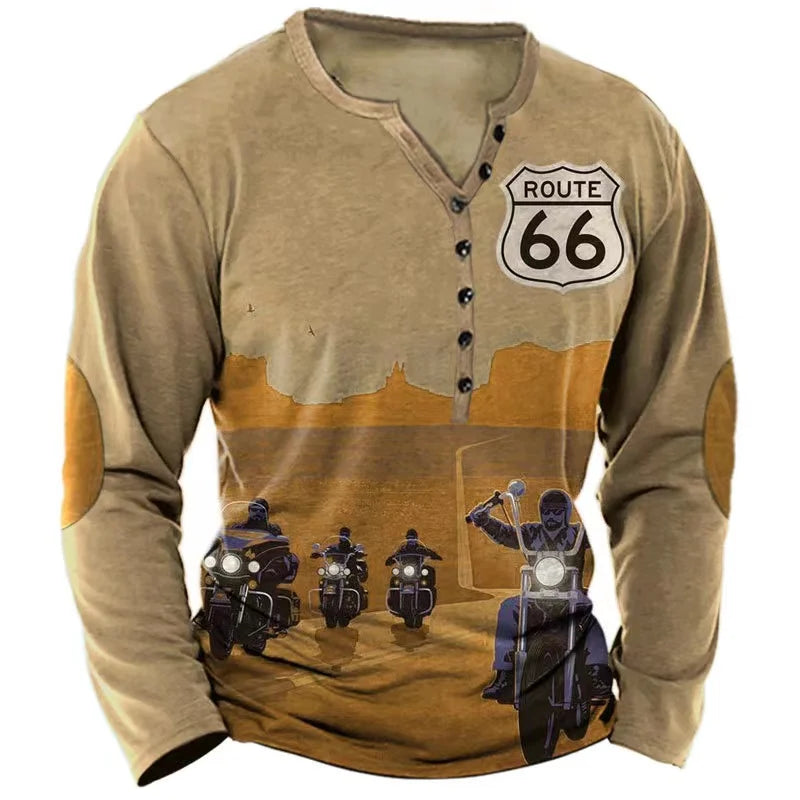 Vintage Men's T Shirt Long Sleeve Top Street Tees Usa Route 66 Letter Graphic 3d Print T-Shirt Fall Oversized Loose Clothing 5xl