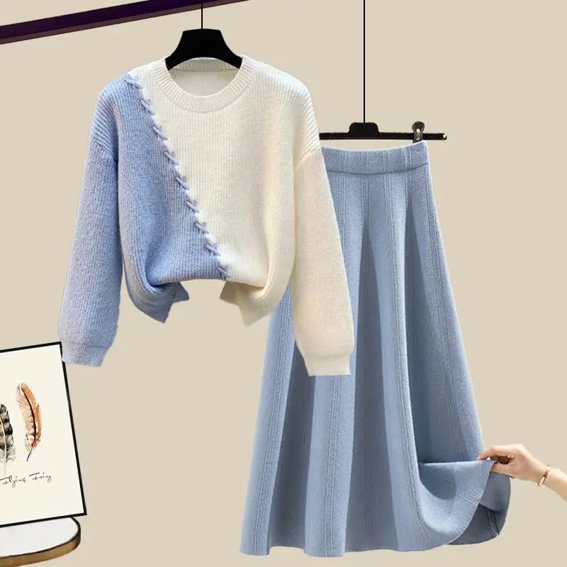 Plus Size Sweater Skirt Set Women O-neck Patchwork Pullover Sweaters + Elastic Waist A-line Midi Skirts Elegant Knitted Suit