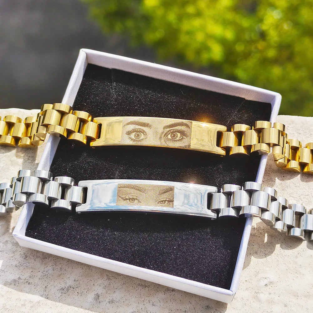 Personalized Eyes Photo Couple Bracelet Customized Picture Bracelet Engravable Picture Stainless Steel Gifts for Family Father