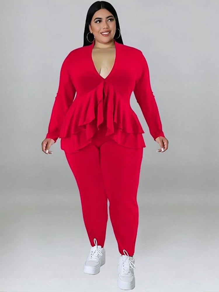 Plus Size Women Clothing Chic and Elegant Pants Suit Set Two Piece Sets Coat Ruffle Blazer Sets Wholesale Bulk Dropshipping