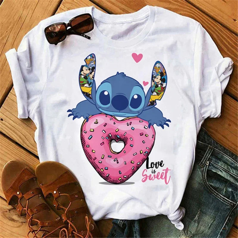 Kawaii stitch T Shirt Women Summer Tops Cartoon Heart Graphic Tees Cute Anime T-shirt Female Tshirt  Clothes