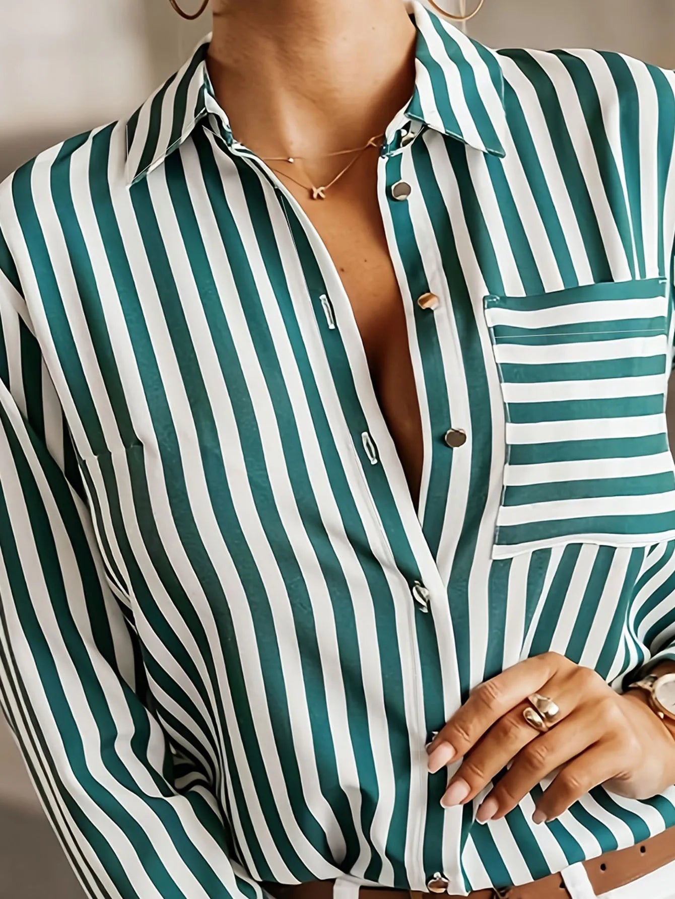 Plus Size Casual Blouse, Women's Plus Stripe Print Long Sleeve Button Up Lapel Collar Shirt Top