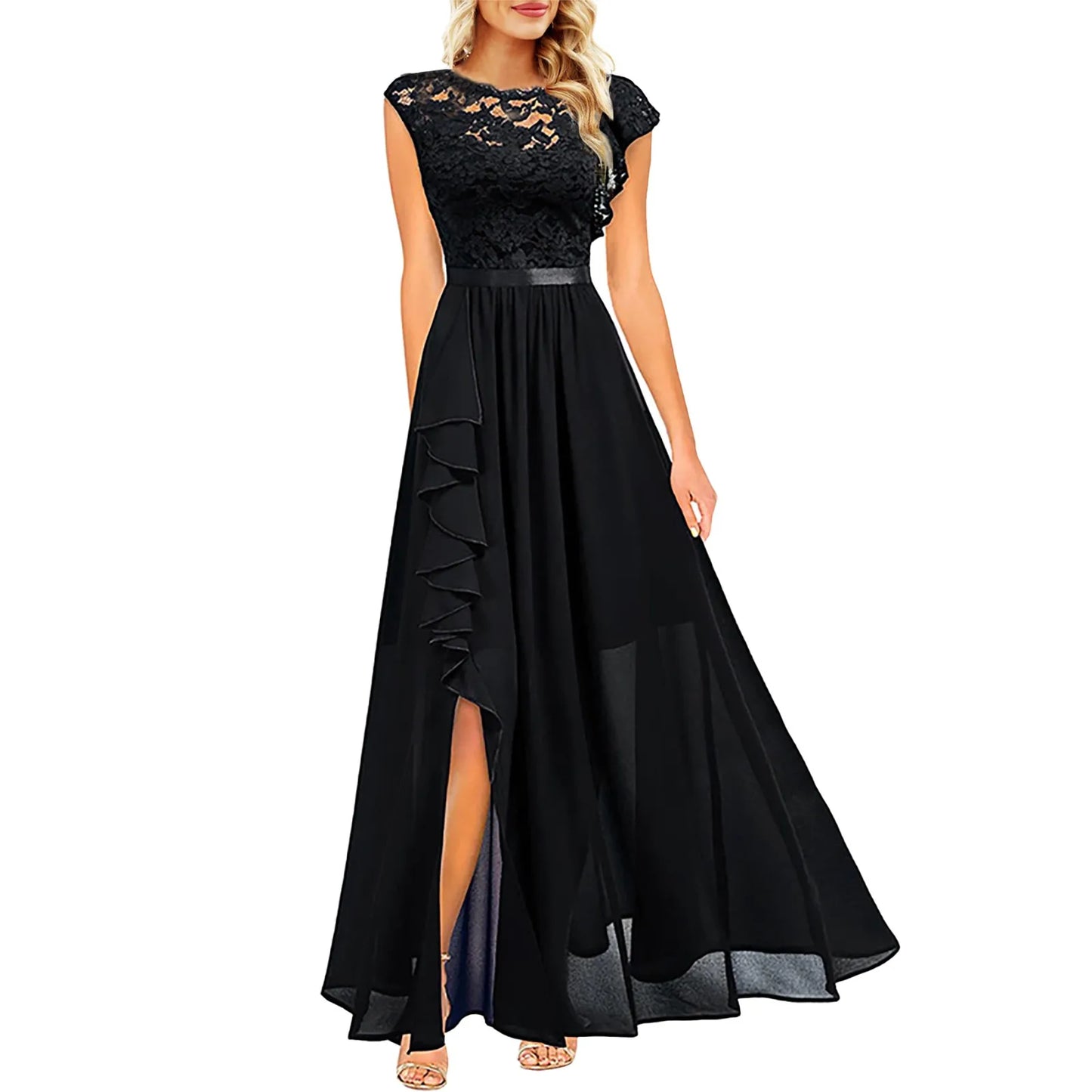 2024 Women's Elegant Long Maxi Dress High Waist Round Neck Party Wedding Fashion Dress Robe Vintage Spliced Lace Chiffon Dress